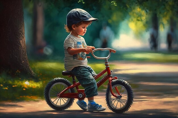 写真 自然の公園で自転車に乗っている幸せな子供
