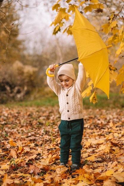 happy joyful child runs through the autumn park with an yellow umbrella Camping