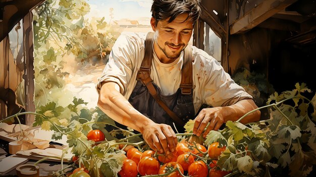 Happy joyful farmer next to the fruits of his labor in the field Stylized illustration of ecological farming agriculture AI generated