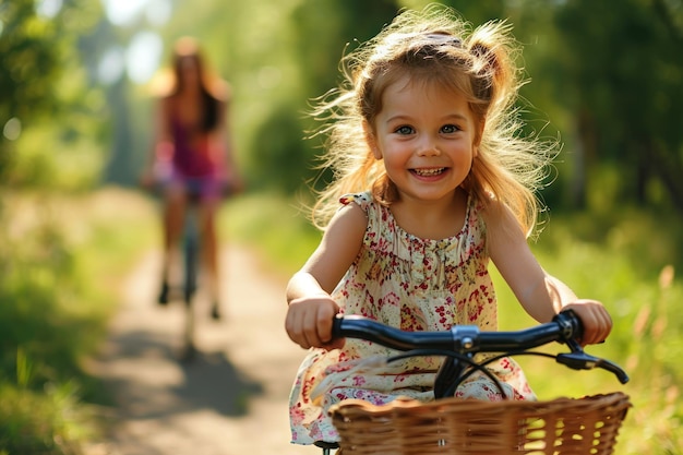公園で母親と自転車に乗っている幸せな喜びの子供