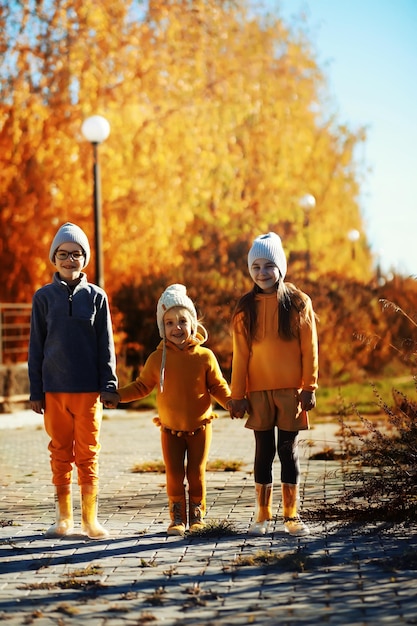 幸せなうれしそうな小さな子供が美しい秋の森を歩いて遊んで、自然の中で散歩中に楽しんでいる家族の屋外