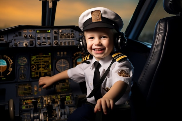 Happy and Joyful Looking Kid Dressed as an Airplane Pilot Generative AI