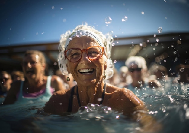수영장 에서 그룹 활동 운동 요법 을 받고 있는 행복 한 즐거운 고령 여성