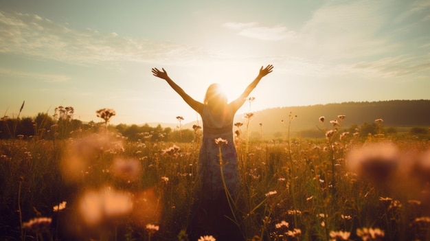 Happy and joyful woman raising arms in a rural field woman praising or worship in sunset