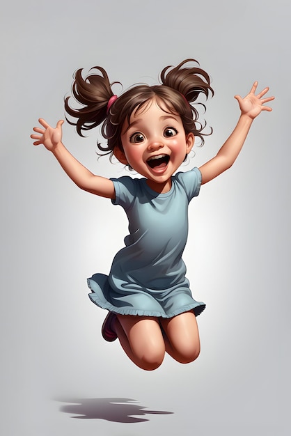 happy jumping cartoon child girl on minimalistic background