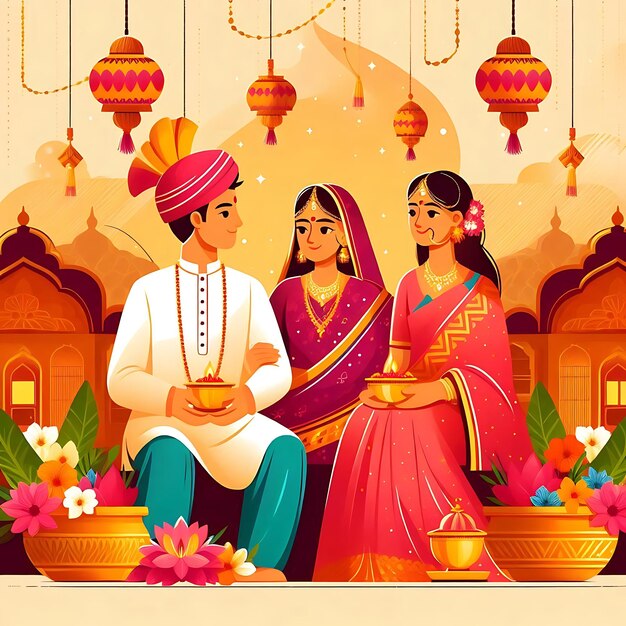 Foto felice karwa chauth giorno festa indù sfondo piatto illustrazione di progettazione