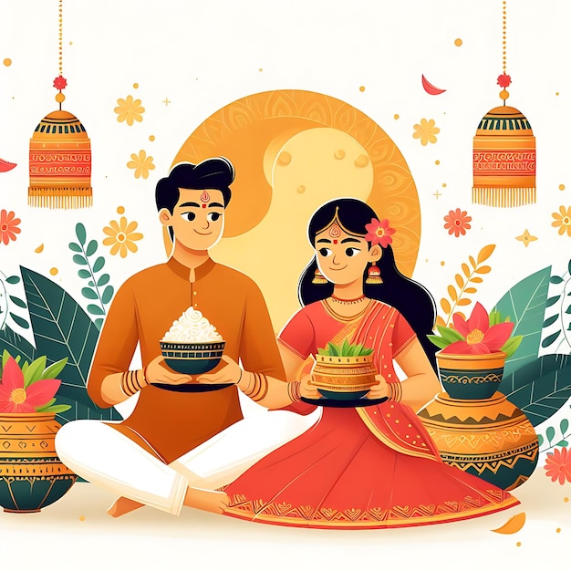 Foto felice karwa chauth giorno festa indù sfondo piatto illustrazione di progettazione