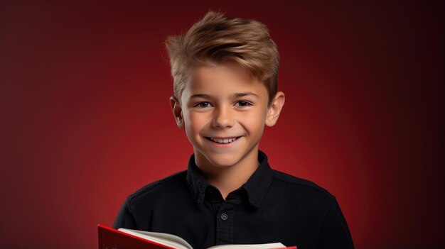 Happy kid boy in school uniform holding books educational concept