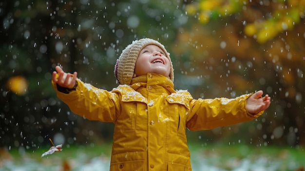 happy kid catching rain drops in spring park