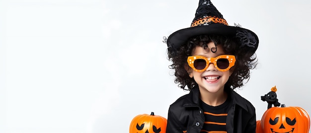 Photo happy kid celebration of halloween party child backgroud with copy space