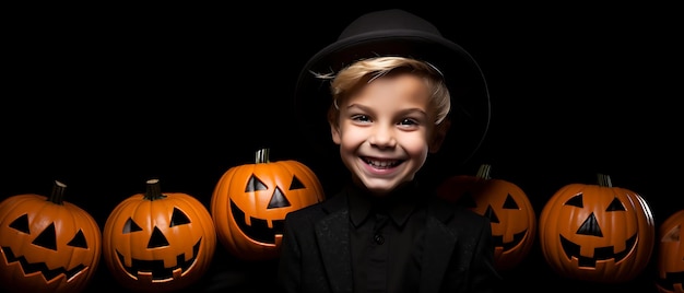 Фото Счастливый ребенок празднует хэллоуин детский фон с копией пространства