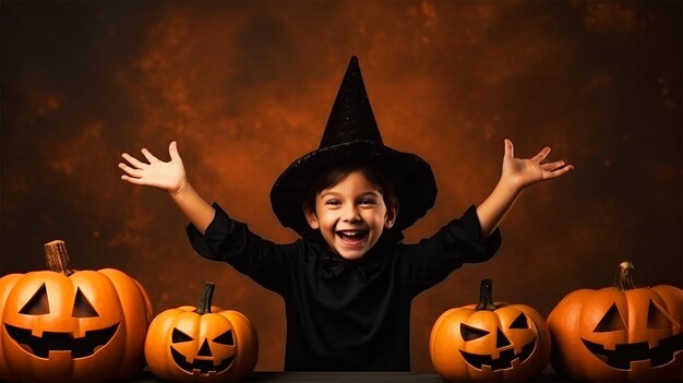 Happy kid dressed as wizard posing with carved Halloween pumpkin