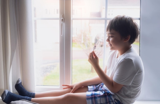 A Happy kid eating some ice cream Portrait of a handsome young boy sitting next to a window having a refreshment Child with a smiling face relaxing at home Kid looking at camera