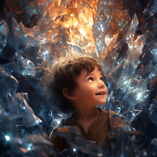 Photo a happy kid face illuminated in a crystal forest