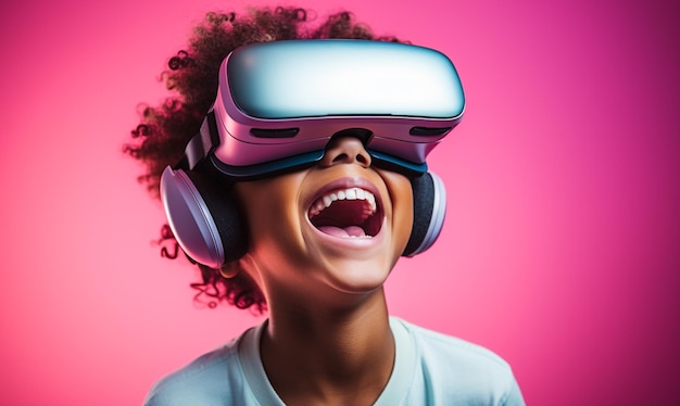 Happy Kid geniet van het gebruik van VR de futuristische onderwijs en entertainment technologie Pastel achtergrond