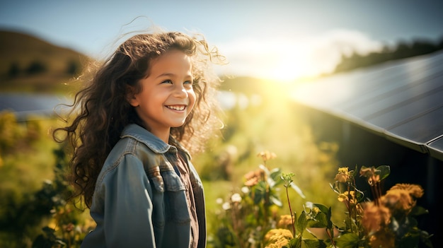 사진 배경에 있는 태양 전지 패널 농장에서 행복한 소녀 대안 에너지와 지속 가능한 삶