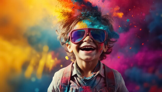 Happy kid in glasses and paint dust at festival happy holi indian concept