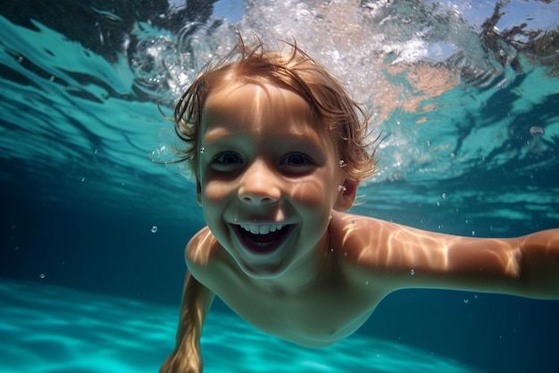 Happy Kid Having Fun Swimming Underwater in the Pool