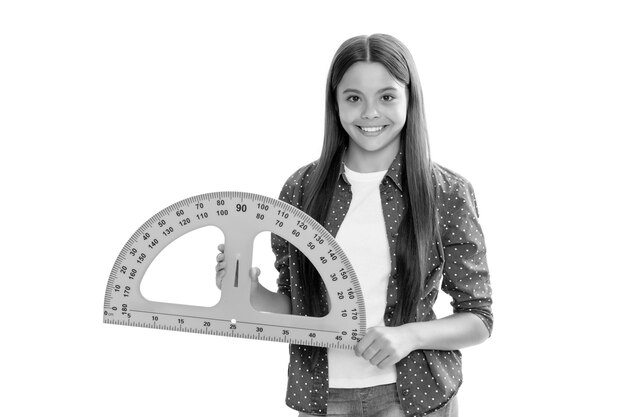 Photo happy kid hold protractor study geometry at school isolated on white school