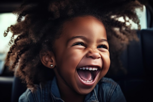 Foto bambino felice che ride nel seggiolino dell'auto durante il viaggio