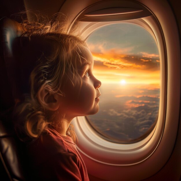 幸せな子供は飛行機の窓を見る 飛行機の飛行中の子供 飛行機で家族旅行