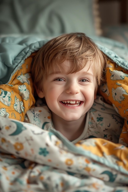 Happy kid lying on bed laughing and playing