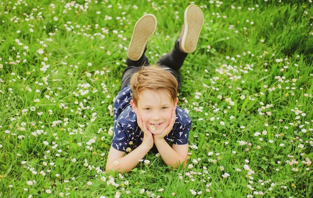 Happy kid lying on flower lawn Cute child boy enjoying on field