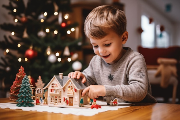 Happy kid playing at home in christmas holiday comeliness