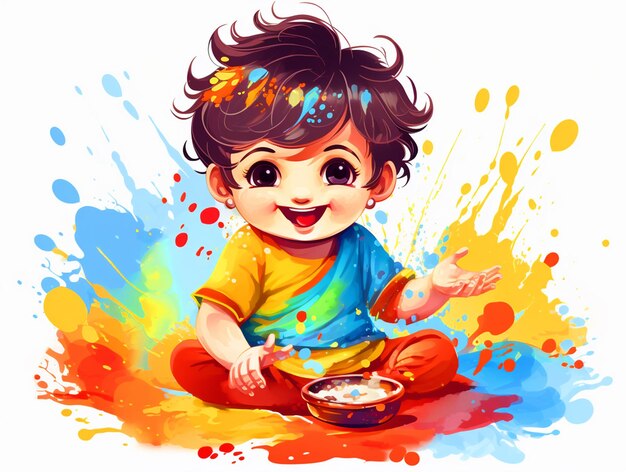 Happy Kid playing with colorful Holi colors