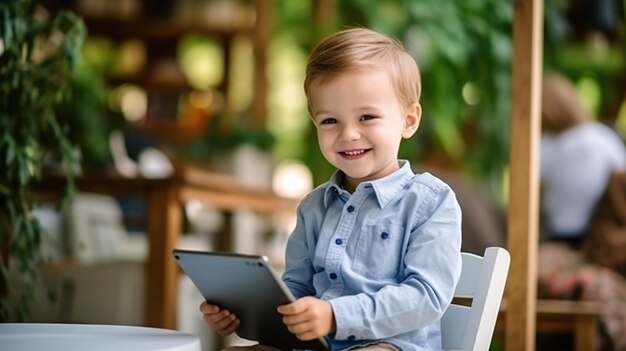 Happy kid playing with laptop sitting at table smiling