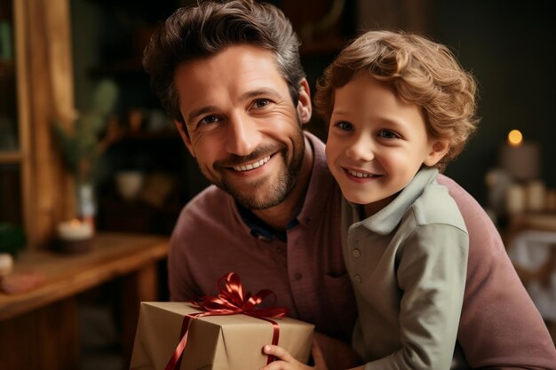 Happy Kid presenteert een vaderdagcadeau aan papa met een glimlach Generatieve AI