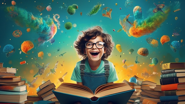 Photo happy kid of reading books on colorful backgrounds