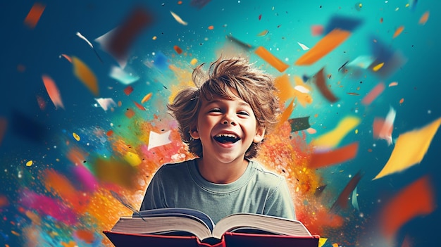 Foto bambino felice di leggere libri su sfondi colorati