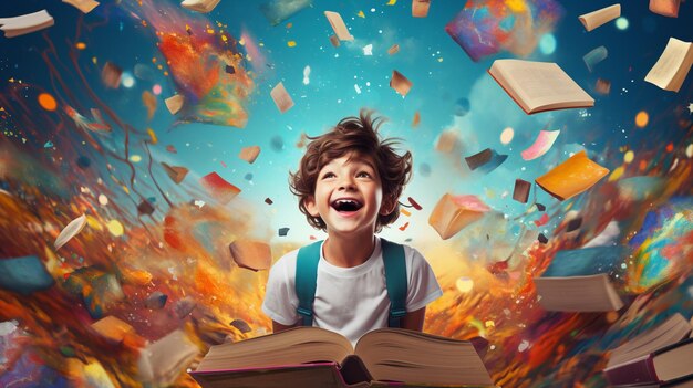 Photo happy kid of reading books on colorful backgrounds