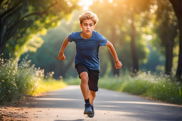 Photo happy kid runner enjoying jogging exercising in a sunny day in the park playing kid