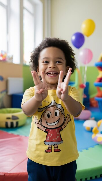 写真 好きなサインを示す幸せな子供