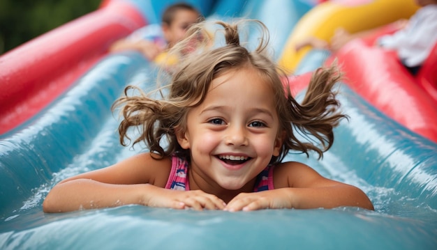 Happy kid on water tube slide AI generated