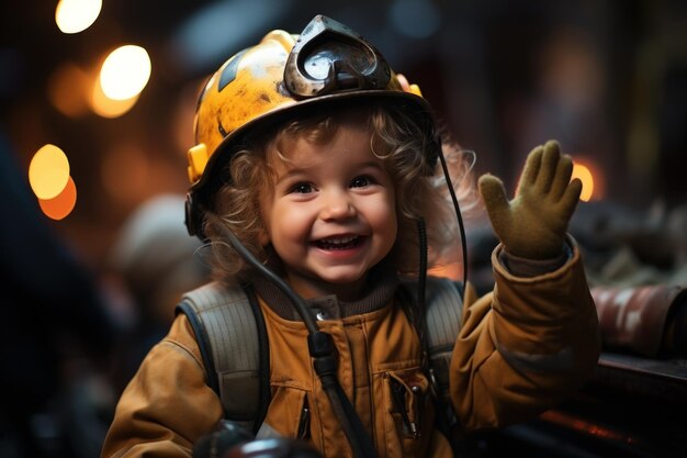 Photo happy kid wear fire fighter costume and smile in dream job