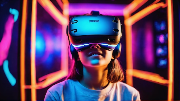 AI で生成された VR ゴーグルを装着した幸せな子供