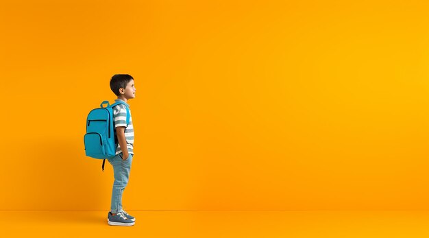 the happy kid with the bookbag and schoolbag showing thumb up on orange background Back to School