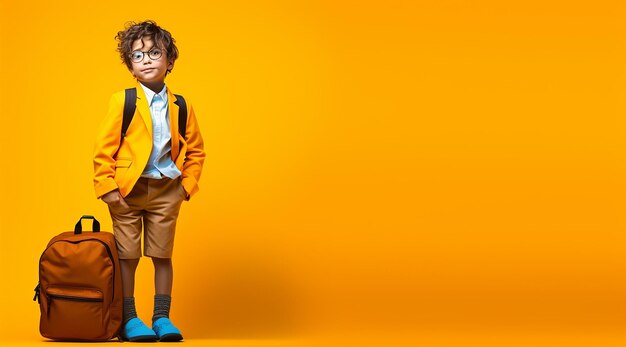 The happy kid with the bookbag and schoolbag showing thumb up on orange background back to school