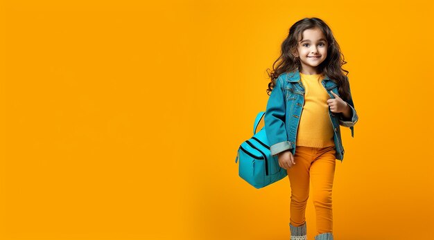 The happy kid with the bookbag and schoolbag showing thumb up on orange background back to school