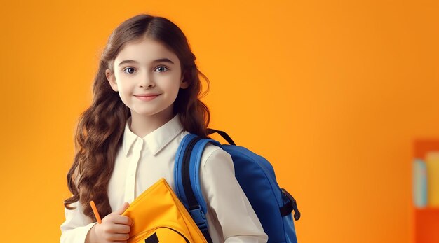 The happy kid with the bookbag and schoolbag showing thumb up on orange background back to school