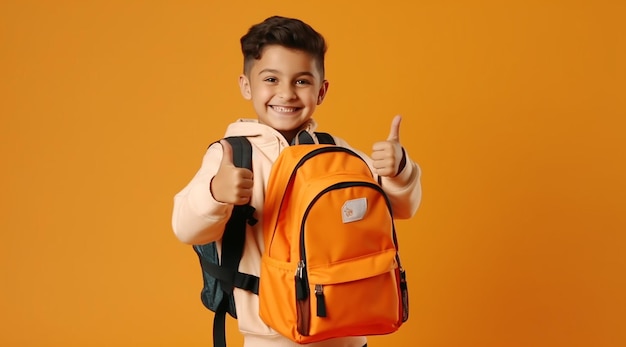 the happy kid with the bookbag and schoolbag showing thumb up on orange background Back to School