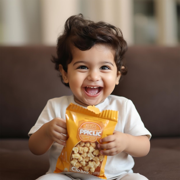 happy kide for the eating popcorn food male