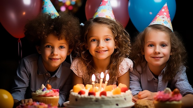 Дети счастливы на вечеринке по случаю дня рождения с огромным тортом, празднующим вместе с шариками.