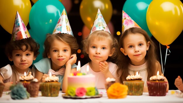 バルーンで一緒に祝う巨大なケーキの誕生日パーティーで幸せな子供たち