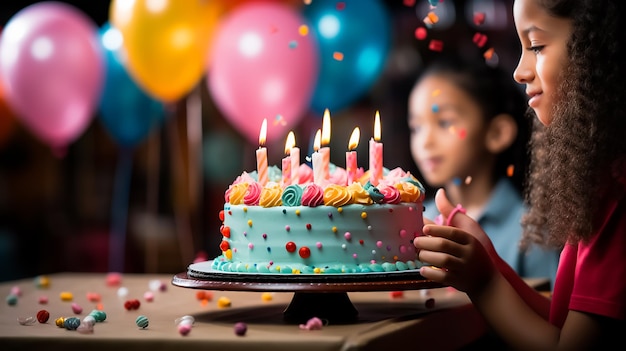 バルーンで一緒に祝う巨大なケーキの誕生日パーティーで幸せな子供たち