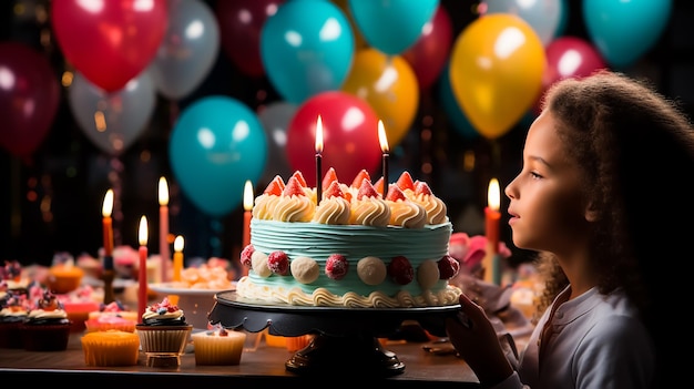 バルーンで一緒に祝う巨大なケーキの誕生日パーティーで幸せな子供たち