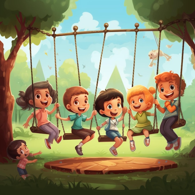 幸せな子供の男の子と女の子が公園のブランコを振る